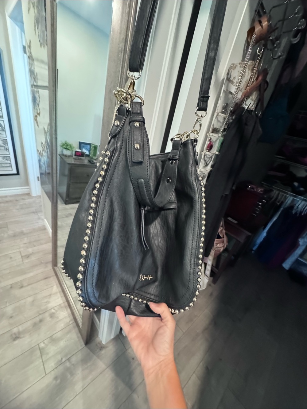 Jessica Simpson Black Leather Stud-Trim Shoulder Bag